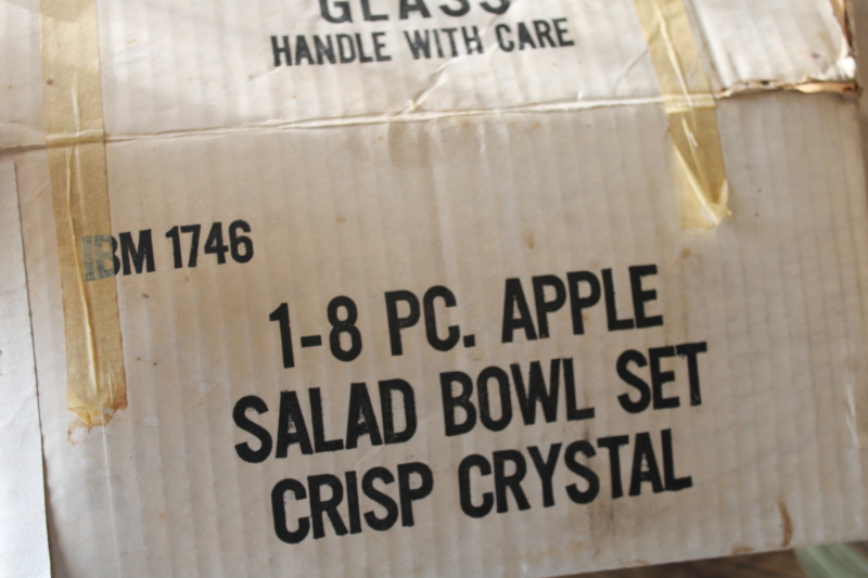 new old stock vintage box of Colony glass apple shape salad bowls crystal clear