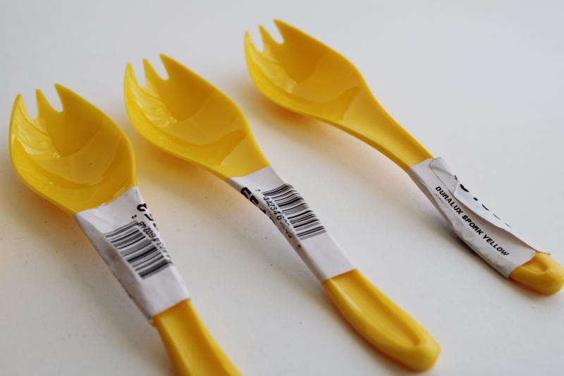 new old stock vintage plastic sporks, Scandinavian mod style utensils bright yellow