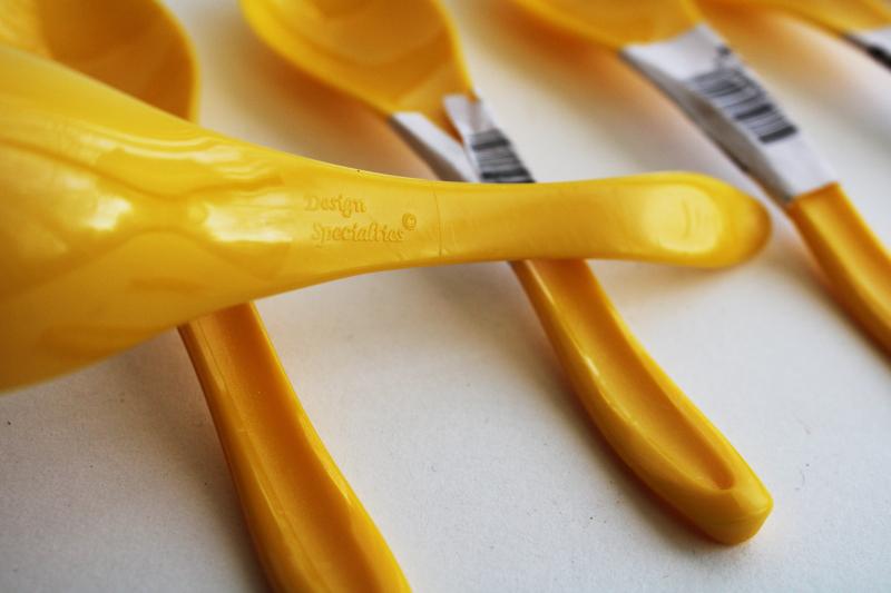 new old stock vintage plastic sporks, Scandinavian mod style utensils bright yellow