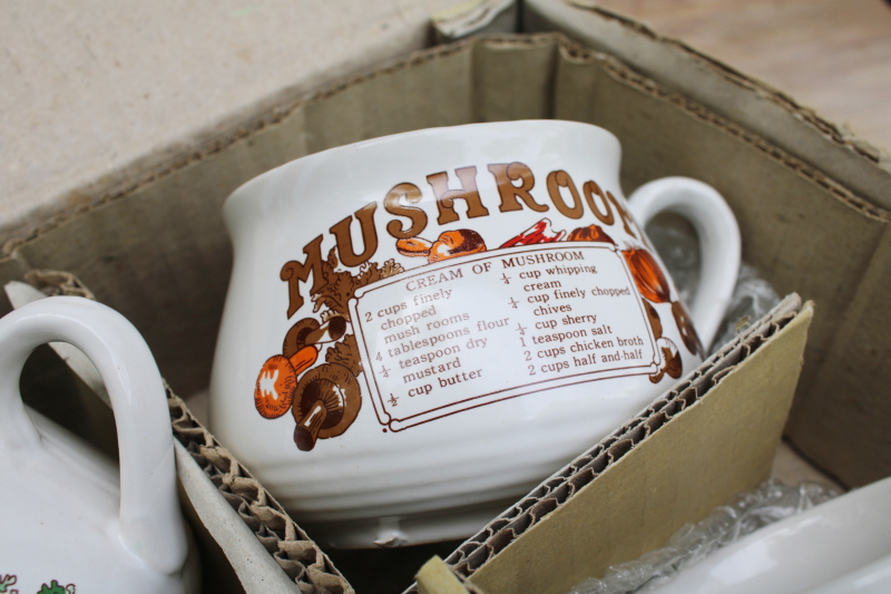 new old stock vintage set of ceramic soup mug bowls, soup recipes print