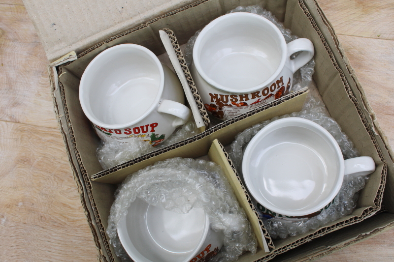 new old stock vintage set of ceramic soup mug bowls, soup recipes print