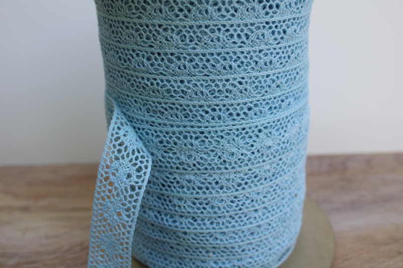 new old stock vintage sewing trim, huge spool of cotton lace insertion in french blue