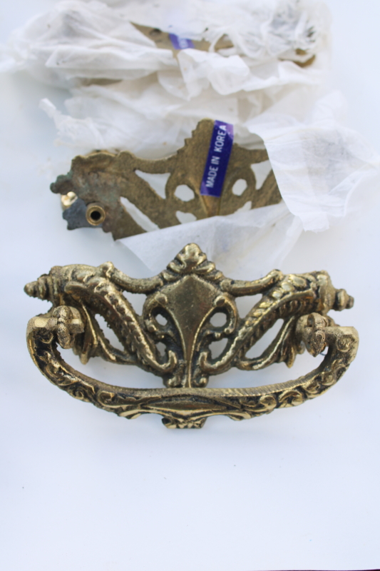 new old stock vintage solid brass hardware, set of 12 ornate drawer pulls handles
