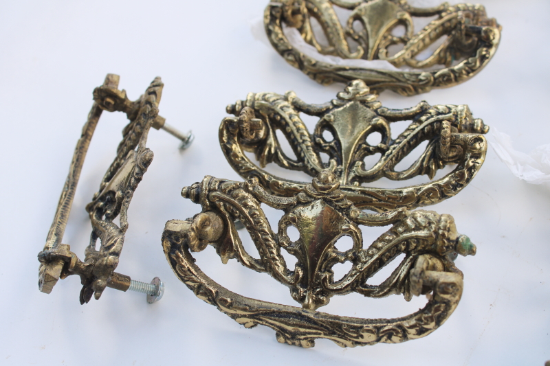 new old stock vintage solid brass hardware, set of 12 ornate drawer pulls handles