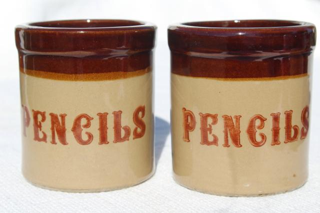 new old stock wholesale 70s 80s vintage pencil holders, stoneware pottery crocks labeled pencils