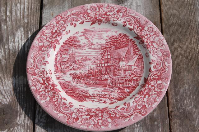 new red transferware china plates & bowls 17th century Staffordshire engraving