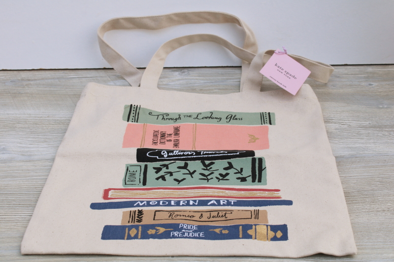 new w/ tag Kate Spade cotton canvas shopping tote or book bag, stack of classics book print