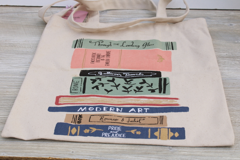 new w/ tag Kate Spade cotton canvas shopping tote or book bag, stack of classics book print