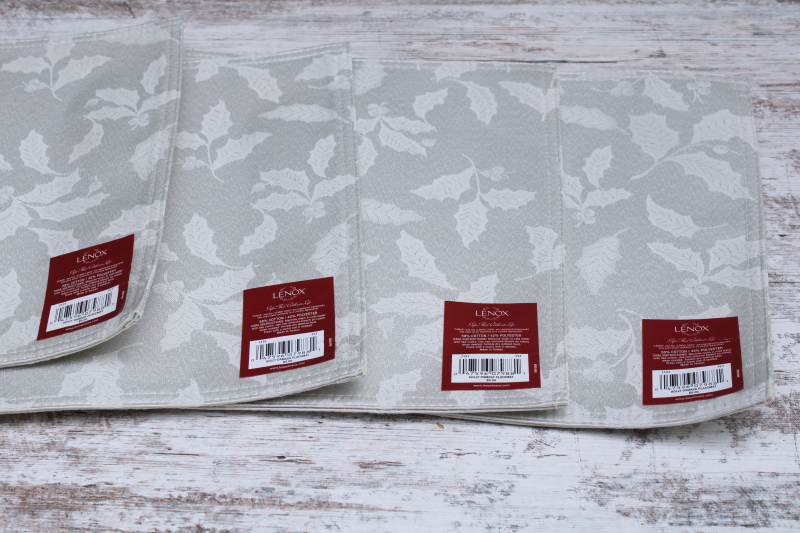 new w/ tags Lenox Holly Damask holiday placemats, flax colored cotton poly fabric, cloth place mats