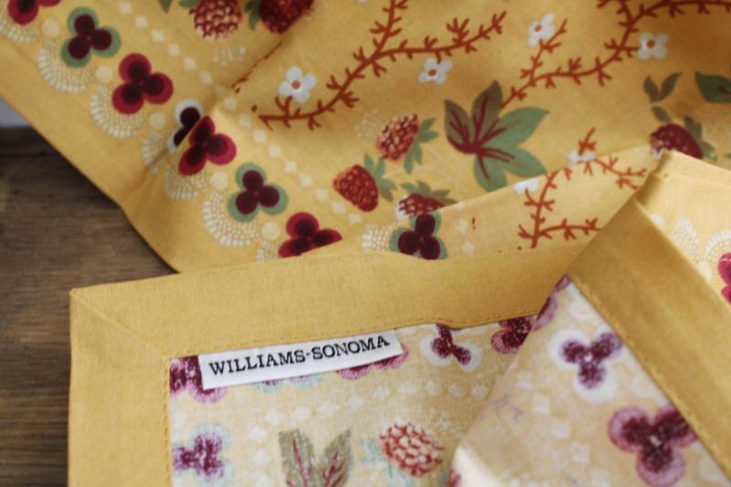new w/ tags Williams Sonoma cotton napkins, berry meadow print berries on mustard gold