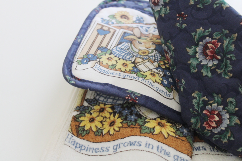 new vintage pot holders  kitchen towels, spring bunnies Happiness Grows in a Garden