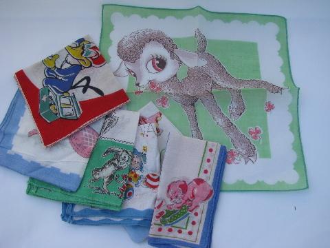 novelty print cotton child's handkerchiefs, vintage childrens hanky lot
