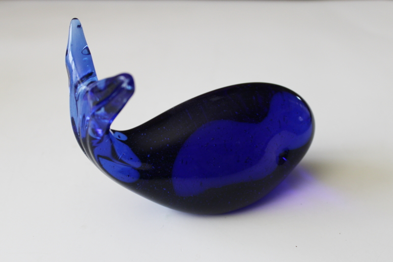 ocean blue hand blown glass whale paperweight figurine, vintage cobalt glass
