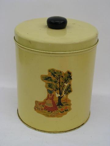 old 1940's - 50's metal kitchen canister tins, vintage decals