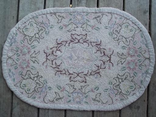 old 1940s vintage hand hooked rug, faded flowers shabby cottage style