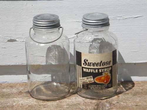 old 2 qt glass storage jars w/wire handles, vintage breakfast syrup label