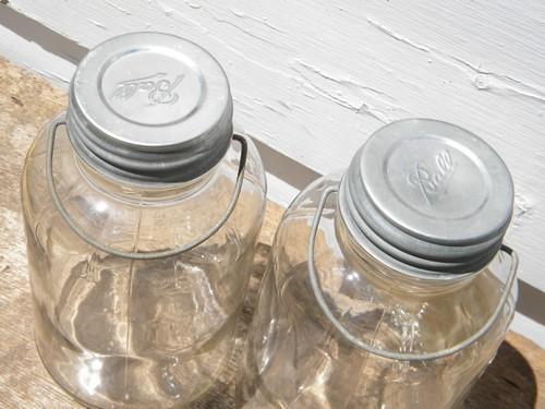 old 2 qt glass storage jars w/wire handles, vintage breakfast syrup label