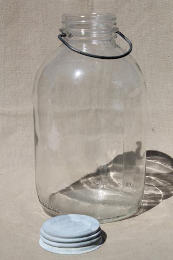 old 2 qt pickle jar w/ wire bail handle, vintage canning jar or canister w/ zinc lid