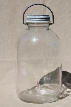 old 2 qt pickle jar w/ wire bail handle, vintage canning jar or canister w/ zinc lid