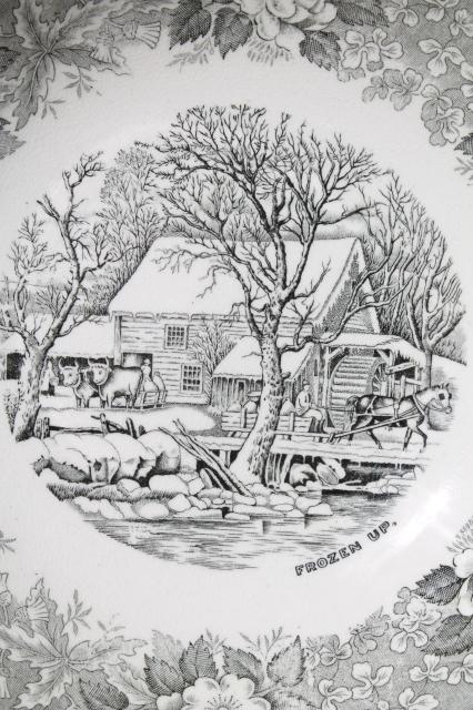 old Adams England Currier & Ives print china bowl Frozen Up grey black transferware