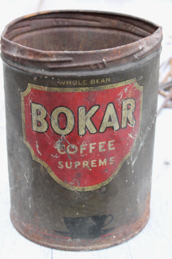 old Bokar coffee can of antique square cut nails, farm primitive hardware