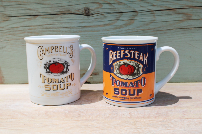 old Campbells soup can label print ceramic mugs, vintage advertising graphics