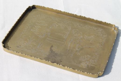 old China mark solid brass tray w/ etched Chinese figures, vintage