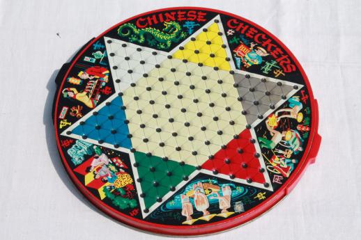 old Chinese Checkers set, tin game board w/ drawers to hold pieces, vintage Pixie game