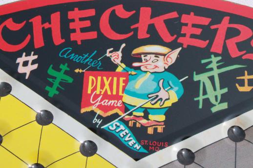 old Chinese Checkers set, tin game board w/ drawers to hold pieces, vintage Pixie game