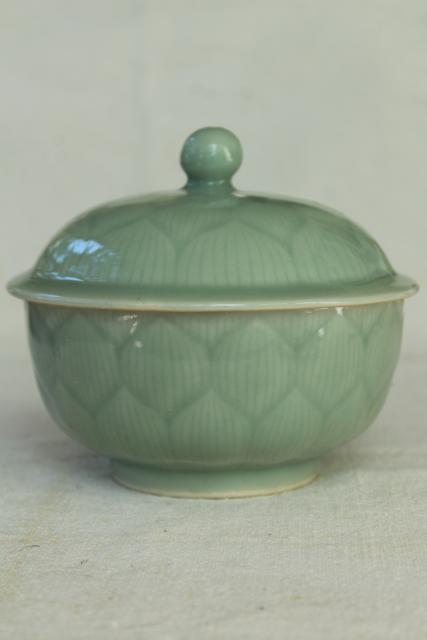 old Chinese celadon green lotus flower covered bowl, chop mark vintage pottery