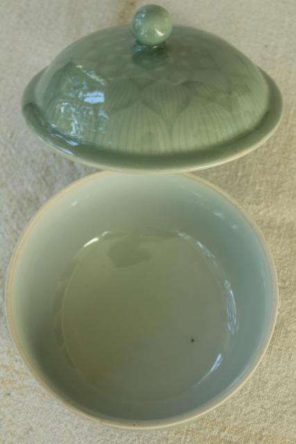 old Chinese celadon green lotus flower covered bowl, chop mark vintage pottery