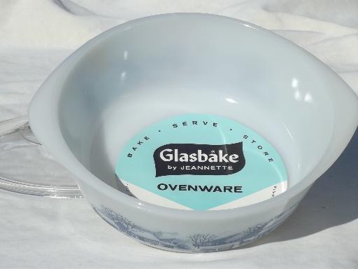 old Currier & Ives blue & white Glasbake kitchen glass casserole w/ label