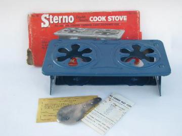 old Double-Service sterno camp stove, vintage blue enamel ware