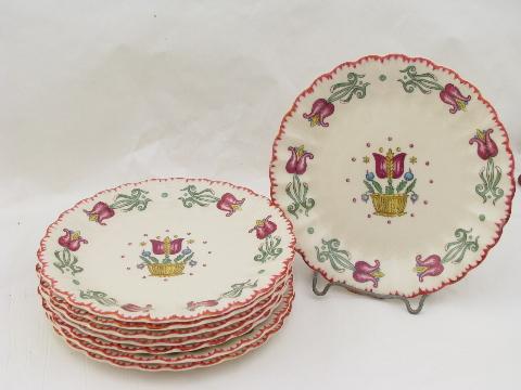 old Dutch gaudy tulips folk art pattern, vintage American Limoges china plates