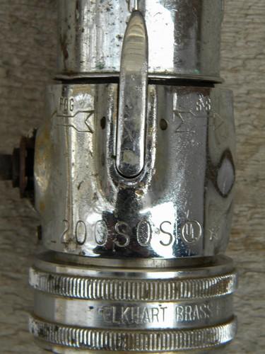 old Elkhart Brass Mfg industrial vintage firehose nozzle L200SOS fog/ss
