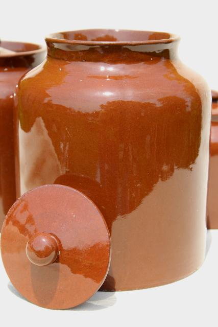 old English redware pottery canister jars, Price - England vintage pantry crocks