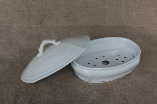 old English white ironstone soap dish w/ insert & cover, antique vintage Meakin china