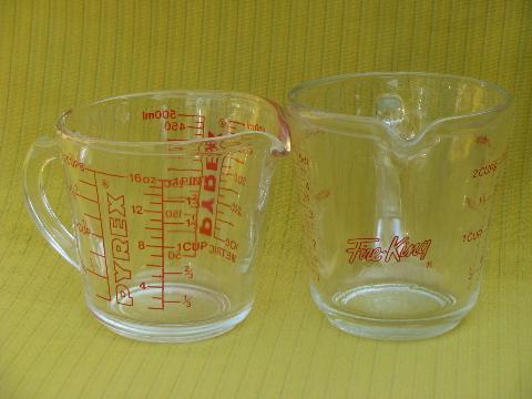 old Fire-King and Pyrex glass measuring cups, 2 cup graduated measures