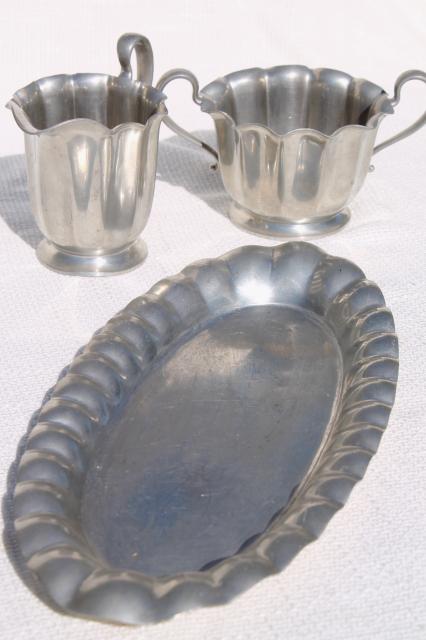 old Flagg & Homan pewter cream & sugar set - fluted pitcher, sugar bowl and tray