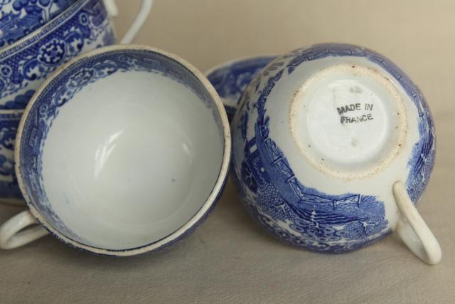 old French faience, vintage blue willow       pattern china cups made in France