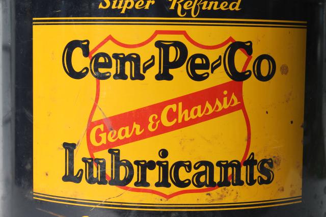 old Gear & Chassis Central Petroleum label, vintage metal bucket grease can