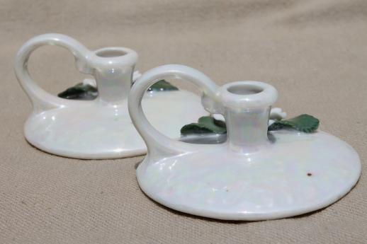 old German bisque china candle holders, tiny luster candlesticks marked Germany
