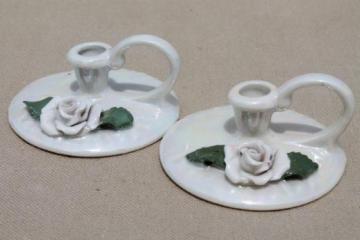 old German bisque china candle holders, tiny luster candlesticks marked Germany