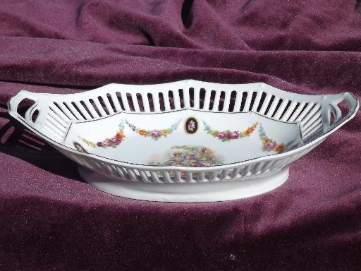 old German reticulated lace edge porcelain, round candy dish and oval bowl