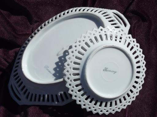 old German reticulated lace edge porcelain, round candy dish and oval bowl