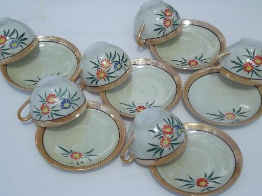 old Made in Japan vintage hand-painted flowers china tea cups, set of 6