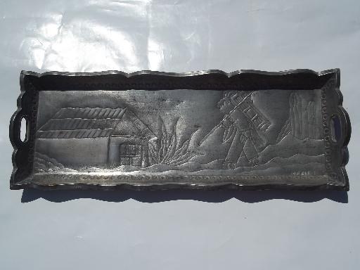 old Mexico etched tin tray w/ agave harvester, vintage Mexican folk art