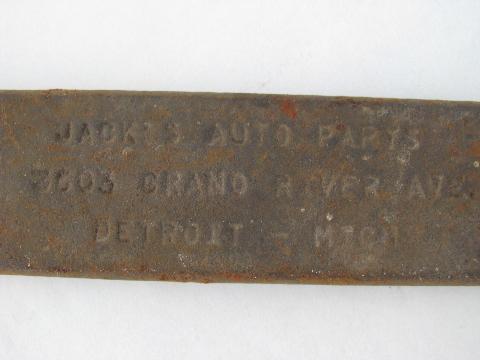 old Model A Ford vintage, Jack's Auto Parts advertising tool wrench and tire iron from Detroit, Michigan