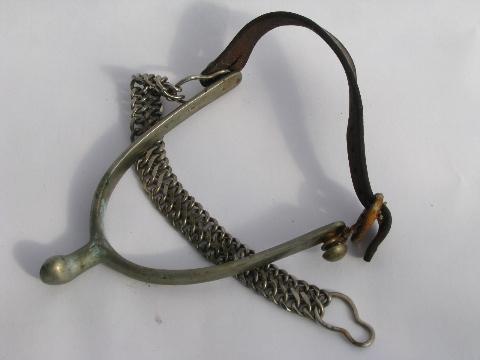 old Sportsman made in France horse tack spur, brass w/ leather strap
