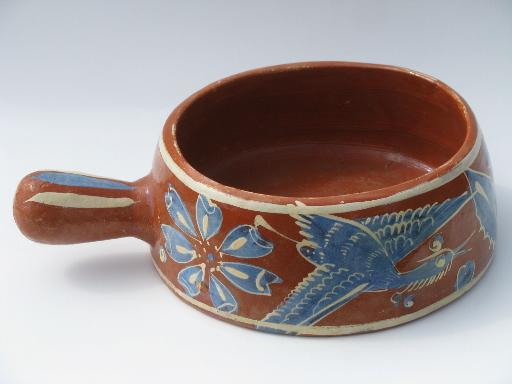 old Tlaquepaque pottery, hand-painted Mexican pottery bowl w/ handle
